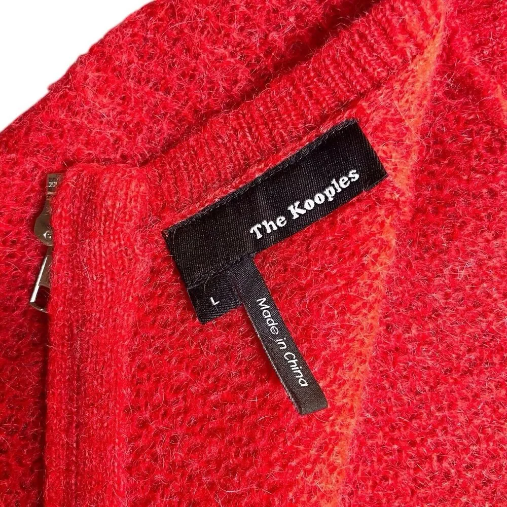 The Kooples Red Mohair Open Knit Back Zip Sweater Size Large Sheer EUC